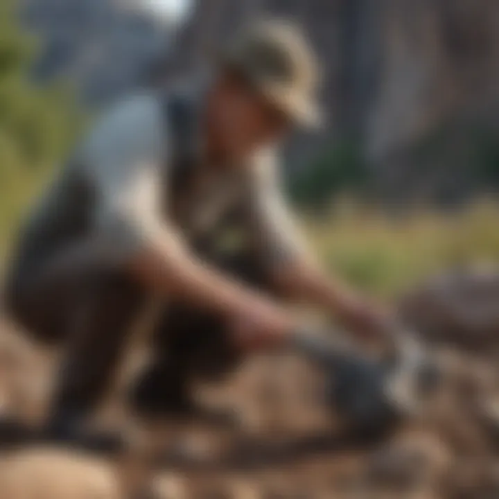 An individual demonstrating the proper technique for using a rock picker in a field setting