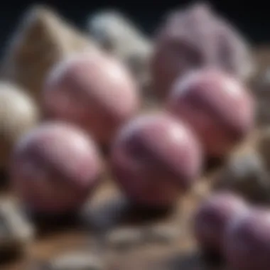 Lepidolite spheres displayed alongside geological tools, illustrating their significance in geological studies.