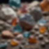 Close-up view of various mineral samples in a geological collection