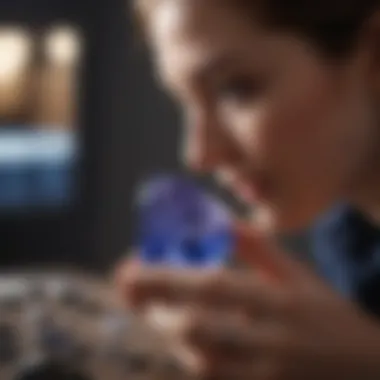 Collector examining a piece of tanzanite under natural light