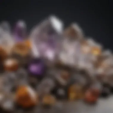 Varieties of quartz including amethyst and citrine displayed together.