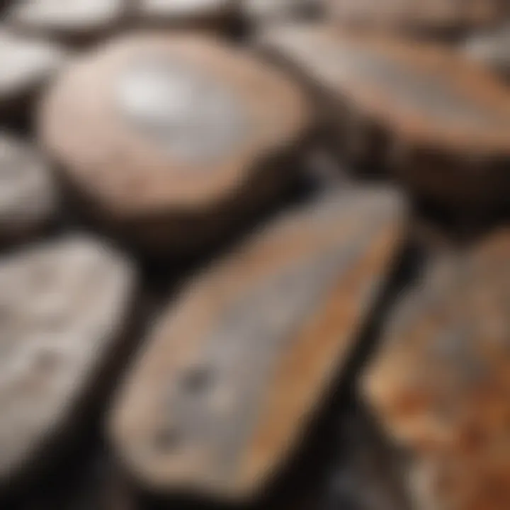 Close-up view of polished rock slabs, highlighting the sheen and details of the surface.