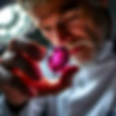 An expert examining the cut of a ruby under professional lighting.