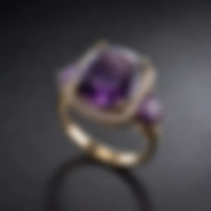 Close-up view of a stunning amethyst ring highlighting its deep purple hues and clarity