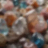 A close-up view of different quartz crystals showcasing various colors and clarity