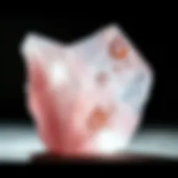 Close-up view of rose quartz crystal showcasing its unique translucence and color variations