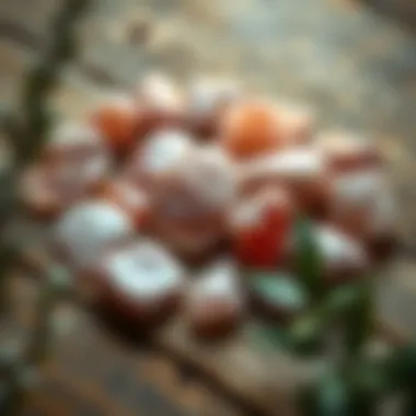 Aesthetic Arrangement of Rose Quartz A collection of polished rose quartz stones arranged aesthetically on a natural wooden surface
