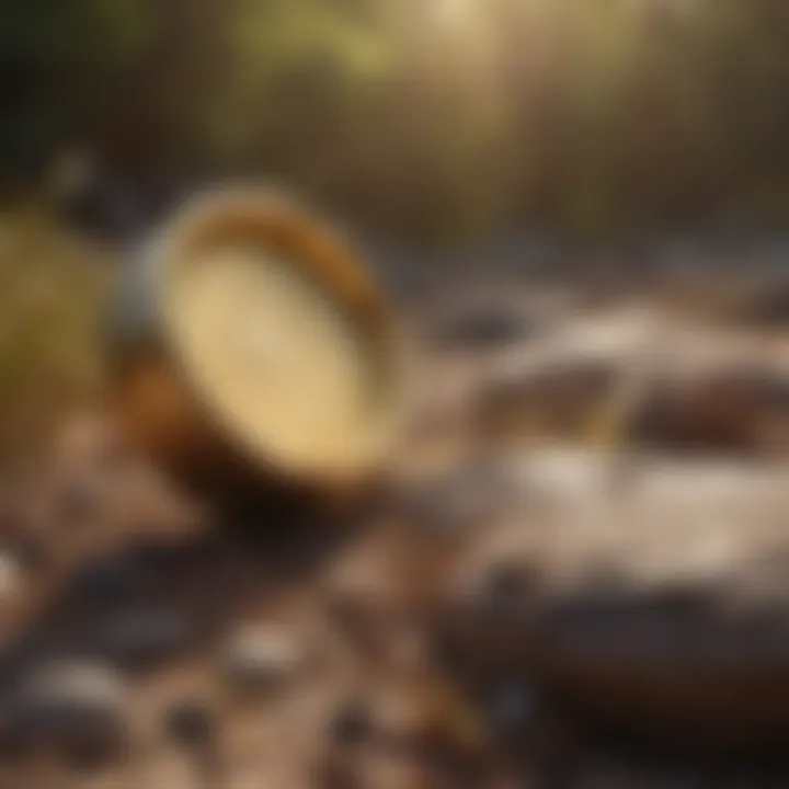 An outdoor scene depicting a gold detector in action on a treasure hunt