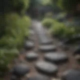 A serene garden pathway lined with black rocks