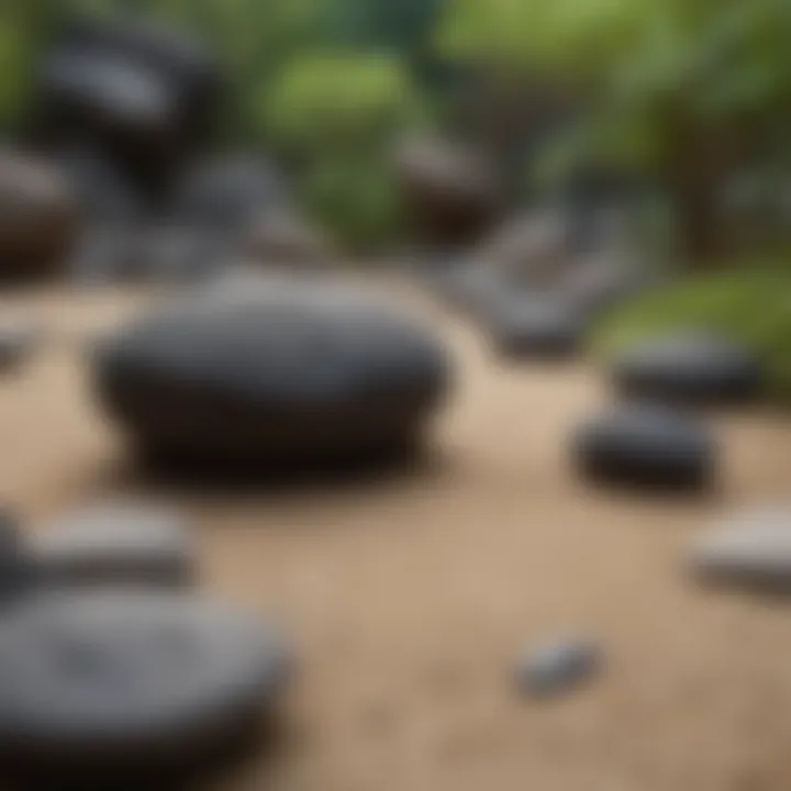 An artistic arrangement of black rocks in a zen garden