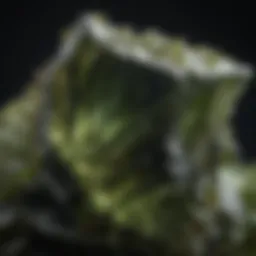 Close-up view of a piece of moldavite showcasing its unique texture and color