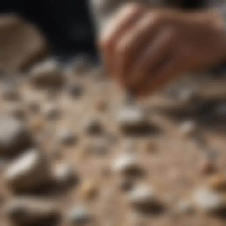 A close-up of a geologist examining rough stones at a geological supply store.