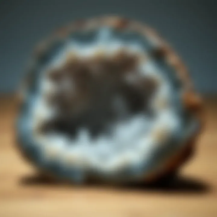 A close-up view of a geode cut open, revealing intricate crystal formations inside.