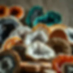 A stunning display of large geodes showcasing various colors and textures.