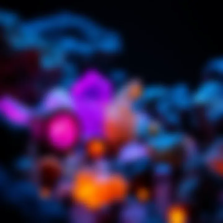 A vibrant display of minerals illuminated by ultraviolet lights to reveal hidden colors