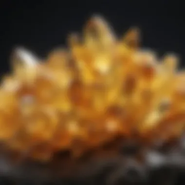 Close-up view of a cluster of yellow citrine crystals